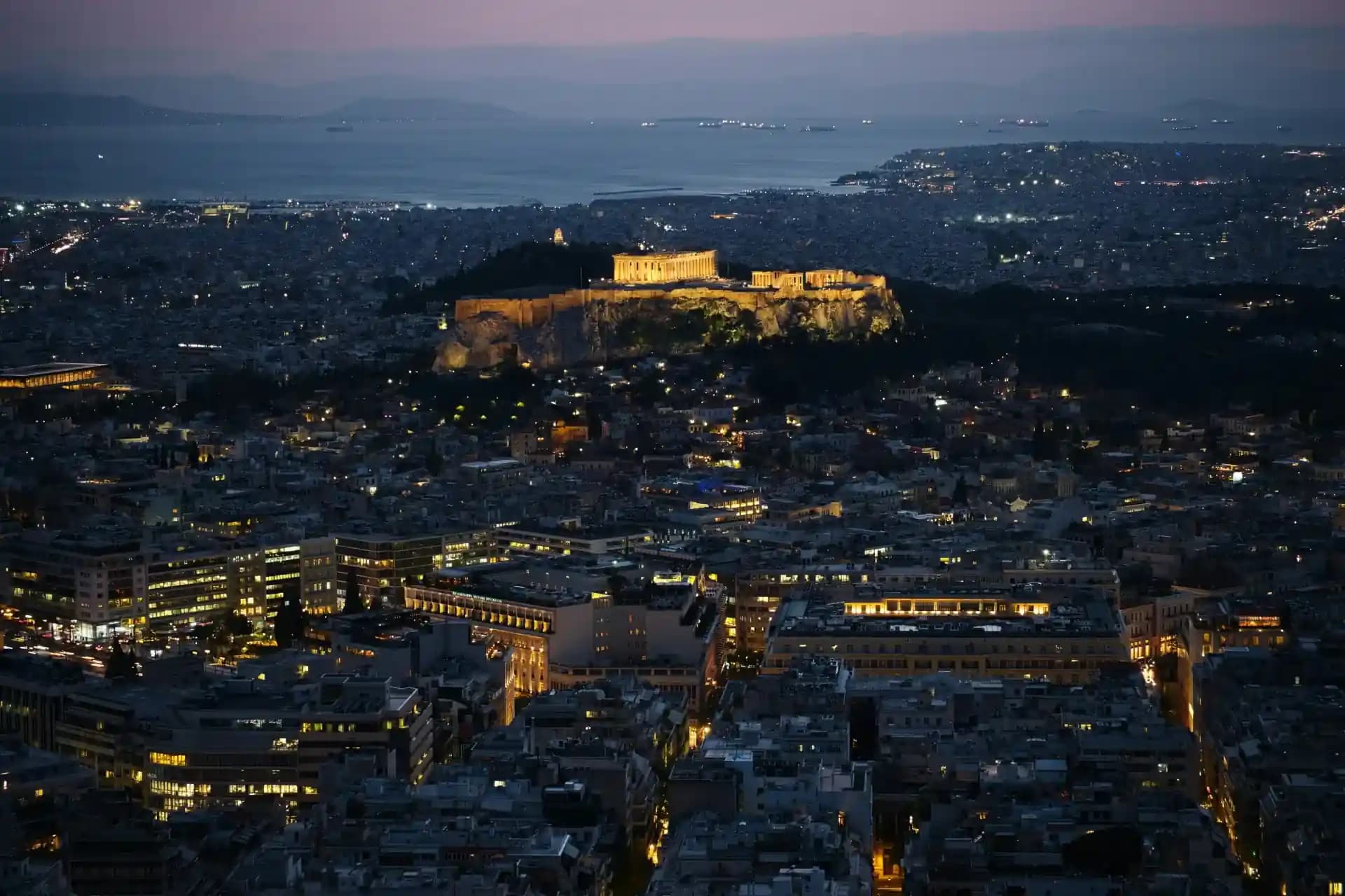 Panoramic night view of Athens Acropolis