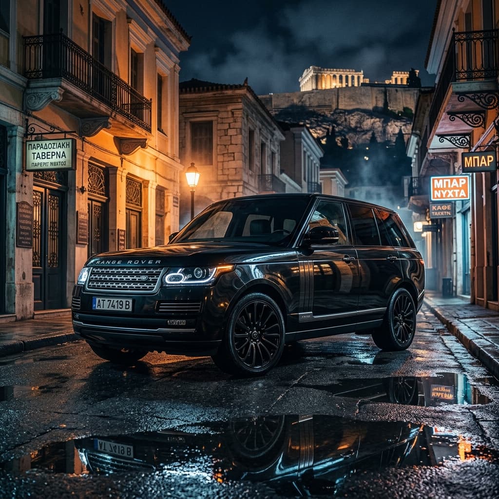 Range Rover luxury SUV in Athens at night