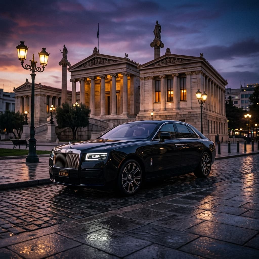 Rolls-Royce Ghost luxury sedan in Athens at twilight