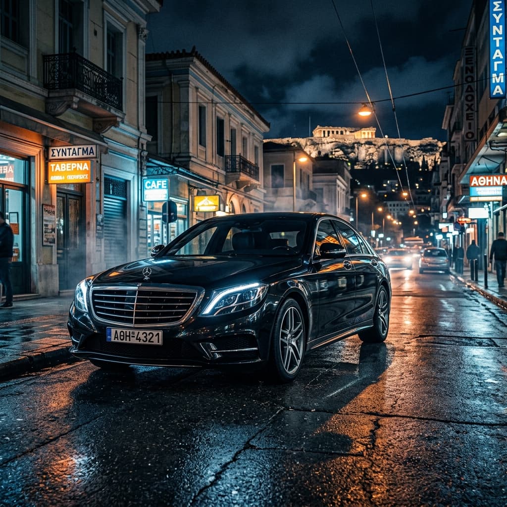 Mercedes S-Class luxury sedan in Athens at night