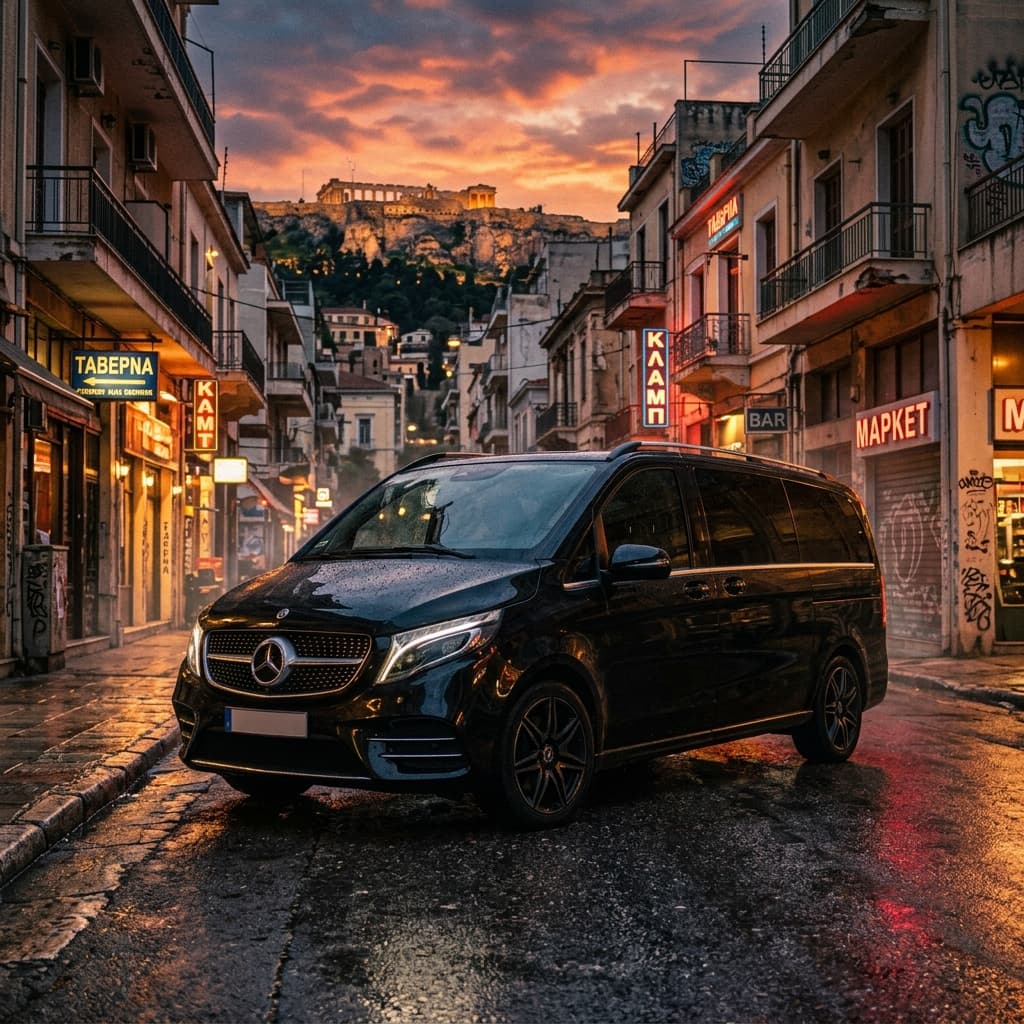 Mercedes V-Class luxury minivan in Athens at sunset