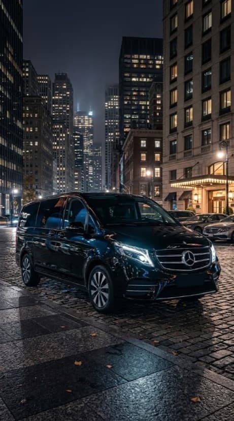 Athens luxury transfer — black Mercedes van at night